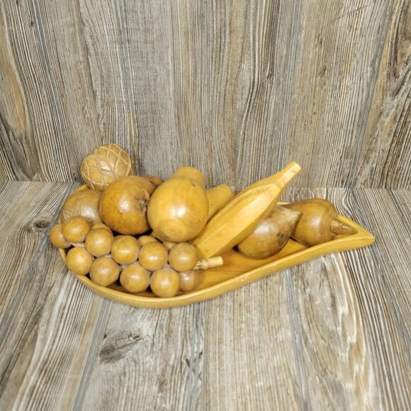 Vintage MCM Leilani Monkey-Pod Wood Bowl and Assorted Wooden Fruit - Picture 1 of 5